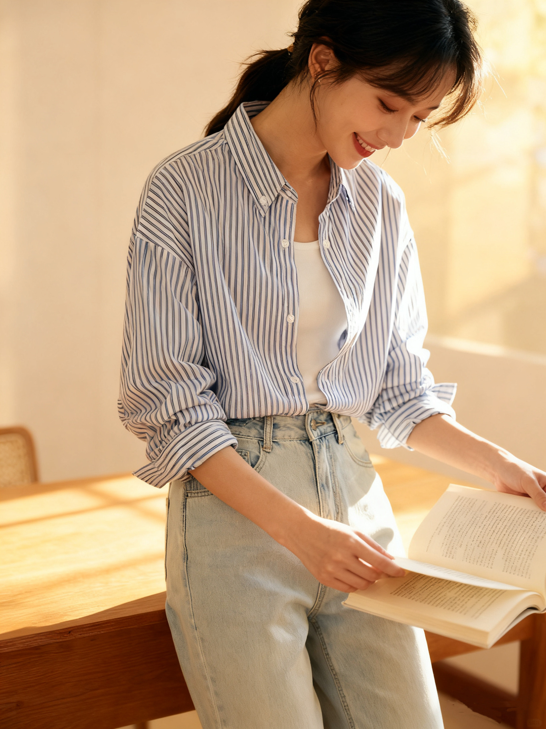 HZCfashion美式cleanfit蓝色条纹衬衫男女款宽松休闲上衣长袖衬衣