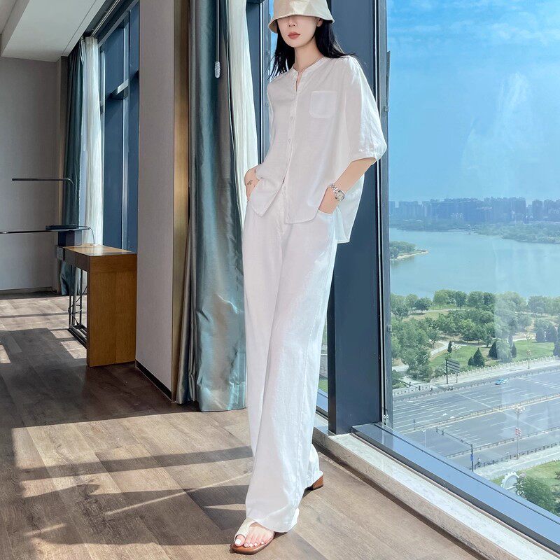 天丝亚麻衬衫阔腿裤套装2026夏季新款轻奢慵懒高端老钱风休闲上衣