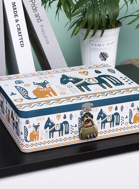 桌面长方形铁盒小型收纳盒证件带锁钥匙信件大号储物盒密码收藏盒