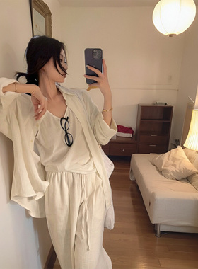老钱风松弛感穿搭3件套白色棉麻衬衫上衣一身白亚麻休闲裤套装