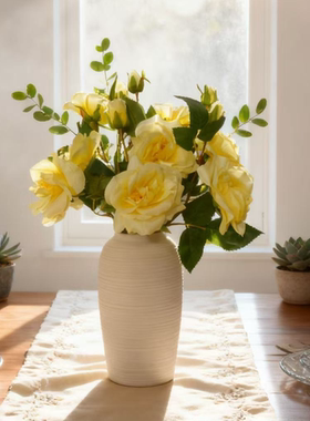 黄色茶花 清新版绢布材质 4头茶花 可水洗  奶油风简约风仿真花