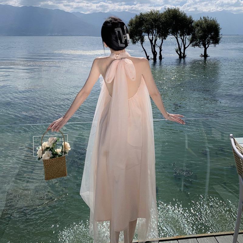 新娘晨袍网纱长裙高级感度假风挂脖仙女连衣裙海边大露背裙超仙