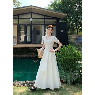 收腰显瘦A字裙长裙 温柔甜美风蕾丝V领短袖 连衣裙女装 2025夏季 新款