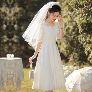 登记领证小白裙法式日常缎面平时可穿轻婚纱礼服订婚连衣裙白裙子