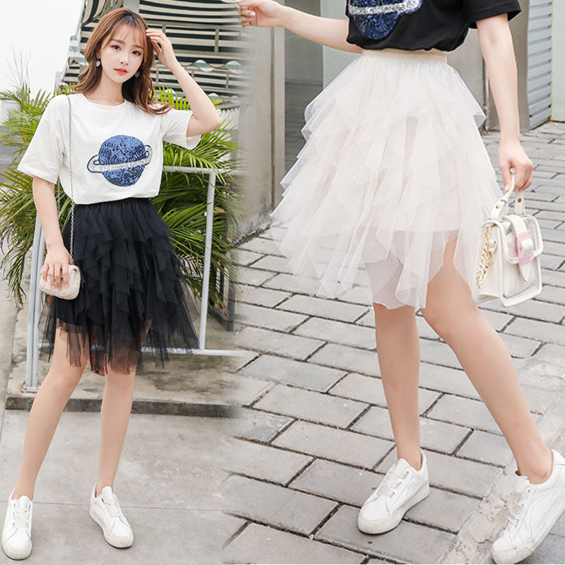 黑色网纱半身裙女2020夏季新款高腰不规则a字短裙气质蓬蓬仙女裙