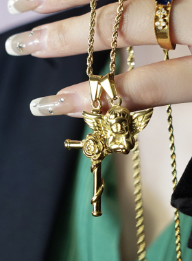 十字架天使镀金项链欧美风吊坠