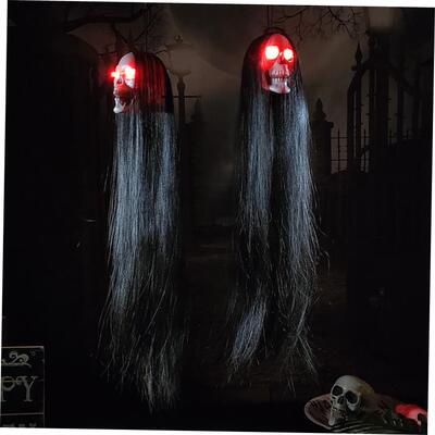 Halloween Hanging Ghost Skull with Long Hair Glowing Eyes