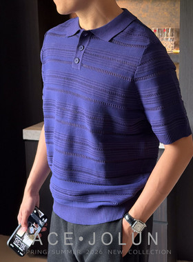 【ACE】POLO领短袖针织衫男士冰丝凉感半袖老钱风透气镂空T恤上衣