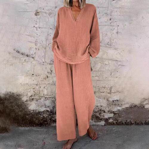 Women's V-neck pullover long sleeved and pocket long pants
