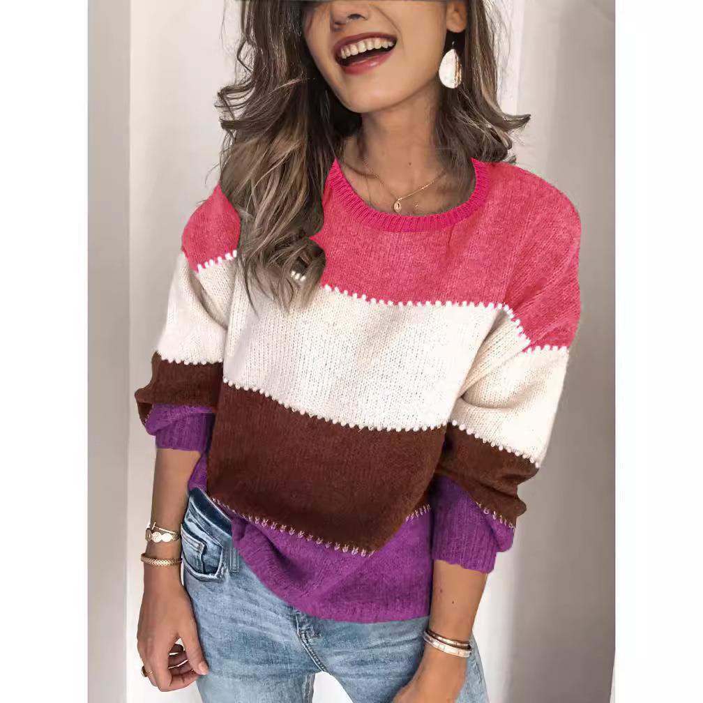 Sweater color blocked medium long knitted plus size
