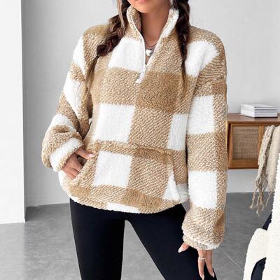Short plaid semi open neck plush women's hoodie