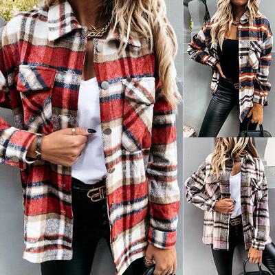 Women's woolen shirt long sleeved checkered jacket