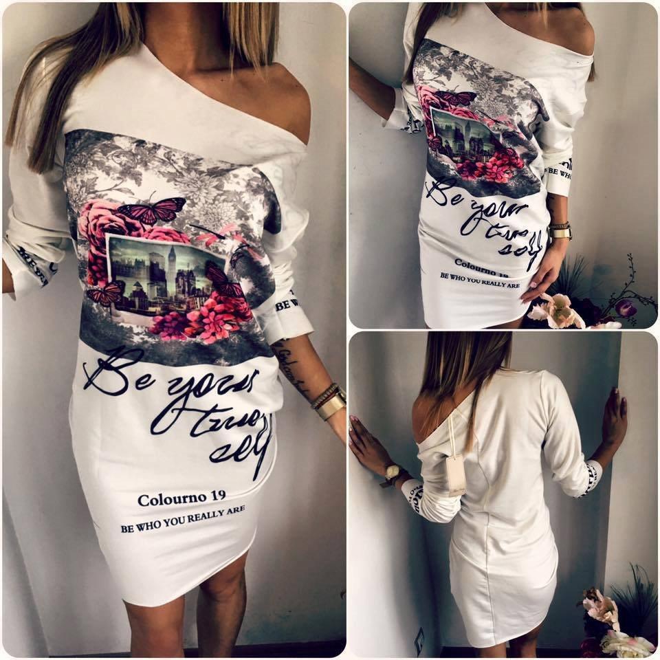 Women's trendy printed diagonal shoulder mini dress with