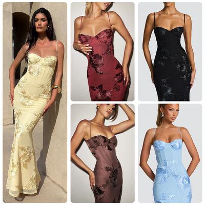 Three dimensional embroidery backless cross tie long skirt