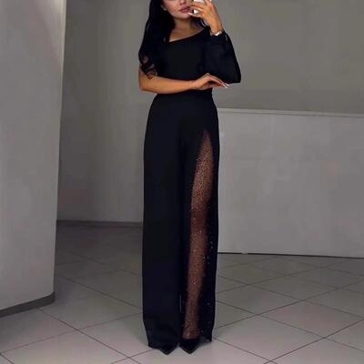 Slanted shoulder high slit women's jumpsuit