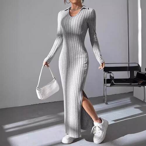 Knitted lapel long sleeved dress, pit stripe tight long