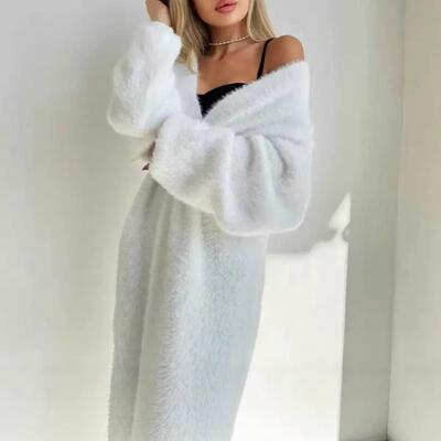 Medium length knitted cardigan sweater jacket