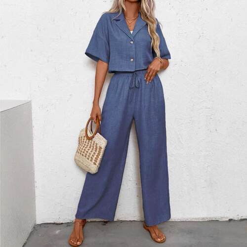 Two piece suit jacket and wide leg pants set for women