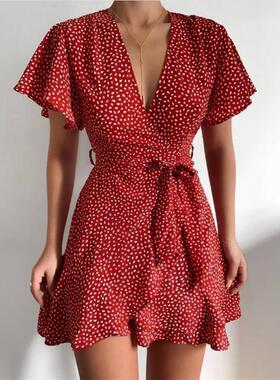 Ruffle waist belt wrapped dress, women's printed beach