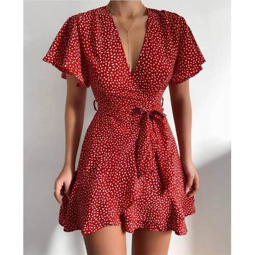 Ruffle waist belt wrapped dress, women's printed beach