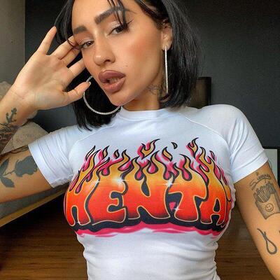 Round neck printed crop top women's T-shirt