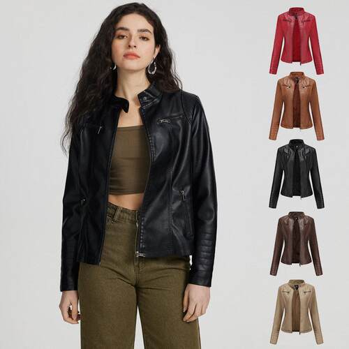 Motorcycle leather jacket, women's standing collar jacket,