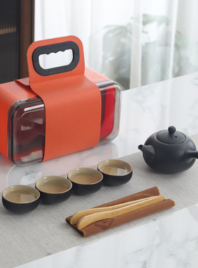 粗陶瓷旅行茶具套装侧把壶四杯家用户外旅行包伴手礼可logo轻奢