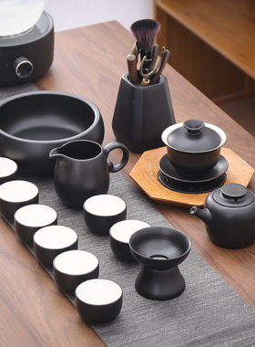 复古粗黑陶内白茶具盖碗茶壶套装组合大全家用推荐小套功夫茶杯子