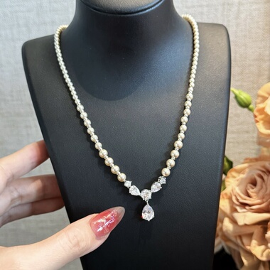 戴妃进口渐变珍珠水滴锆石项链闪