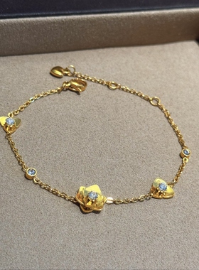 超美！黄金色带钻玫瑰花三花手链