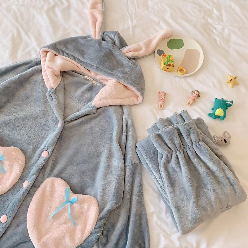 睡衣女秋冬季加厚珊瑚绒睡袍长款两件套装可外穿法兰绒家居服冬天