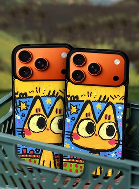 涂鸦猫咪黄猫咪秋色花园黄色底适用于苹果12手机保护壳高颜值16promax潮流手机壳创意17pro手机保护套卡通可
