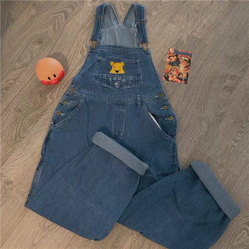 CUTE CARTOON EMBROIDERY BEAR DENIM BIB WOMENS HIGH WAIST LOOSE STRAIGHT CHIC AGE REDUCTION WIDE LEG TROUSERS TIDE BF