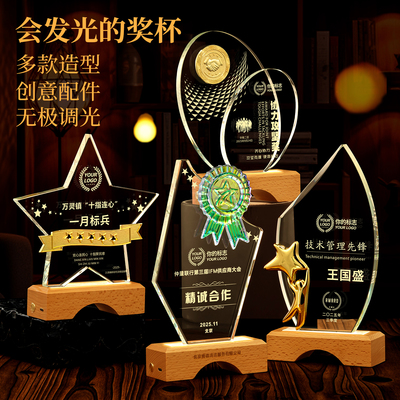 发光水晶奖杯定制木质底座纪念