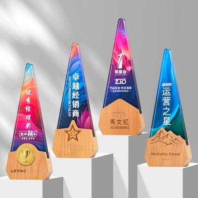 五角星水晶奖杯实木高档定制刻字