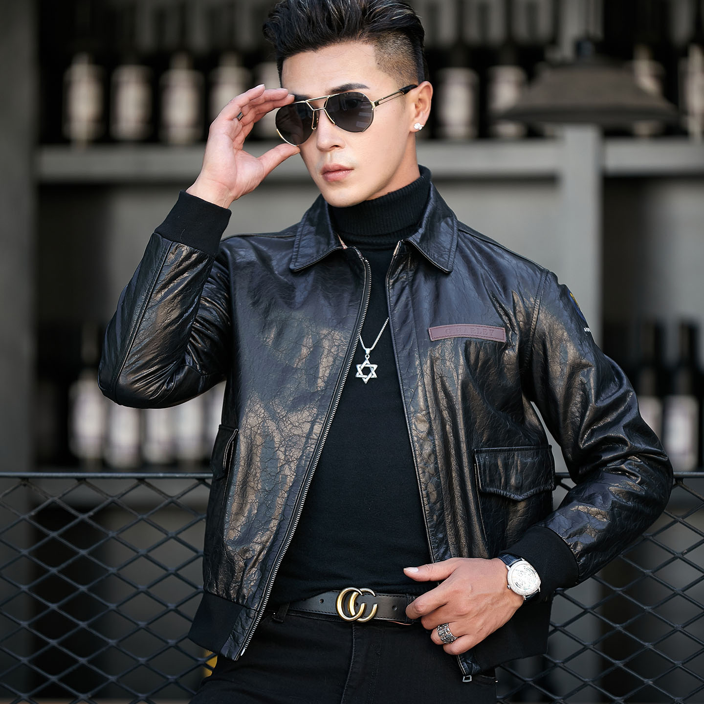 男士真皮皮衣油蜡夹克修身