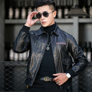 6068 潮男飞行服10 头层油蜡牛皮夹克男真皮皮衣短款 修身