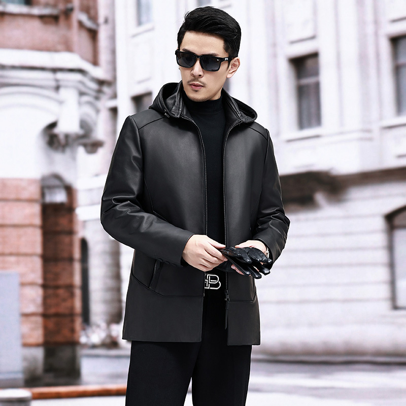 海宁真皮羽绒服男绵羊皮可拆连帽中长款爸爸加绒加厚外套 18-2401