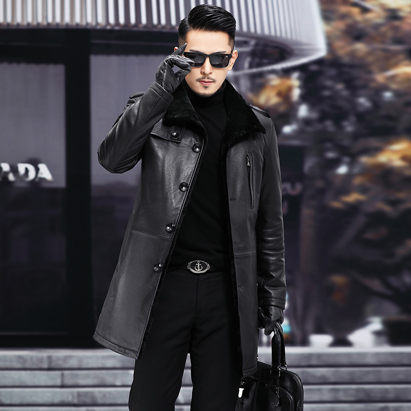 中老年真皮风衣男皮毛一体中长款