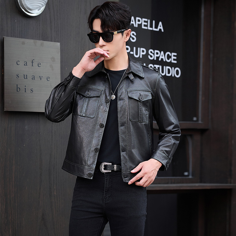 潮男山羊皮真皮皮衣男韩版时尚休闲机车服真皮夹克外套10-28132A