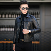 新款 19029 潮男休闲皮夹克14 痞帅油蜡牛皮真皮皮衣男短款 翻领修身