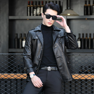 98018 牛皮真皮风衣男西装 牛皮皮衣男19 青年潮流爸爸装 领中长款