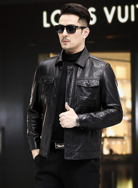 痞帅油蜡牛皮真皮羽绒服男牛皮夹克时尚休闲潮男翻领外套27-81075