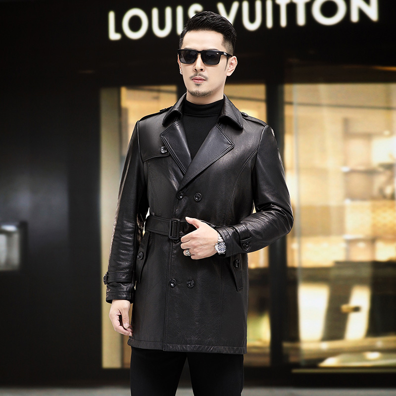 海宁真皮皮衣男小牛皮中长款皮风衣翻领西装领皮西服外套27-22392