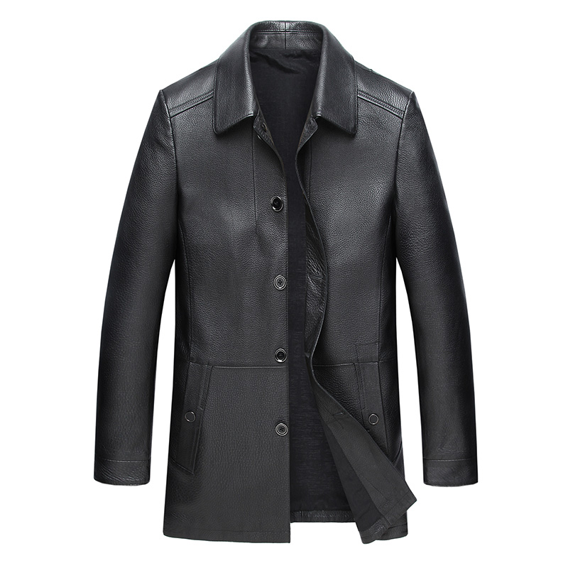 头层牛皮翻领中长款鹅绒服风衣