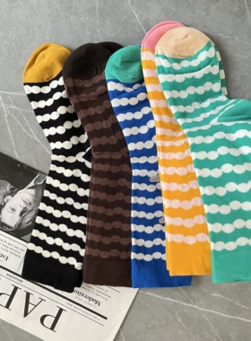 原创拼色条纹波点水珠时尚袜子女中筒棉袜夏季薄款个性条纹潮袜