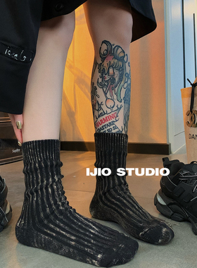 泼漆脏脏袜~高级褪色做旧棉袜中筒工装风粗线潮流中长筒袜男女