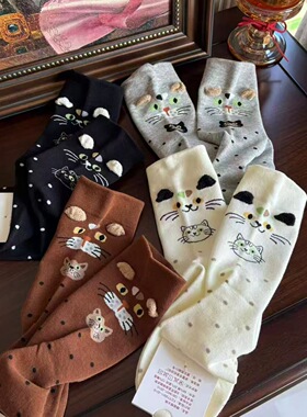 【Puffshop】原创25FW波点立体耳朵小猫咪卡通棉袜少女中筒袜舒适