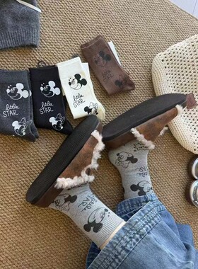 【Puffshop】原创25FW米奇米妮头像字母涂鸦可爱中筒袜子学院风