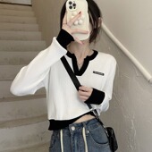 v领撞色正肩长袖 小个子高腰短款 2024年新款 上衣女春秋季 t恤 针织衫